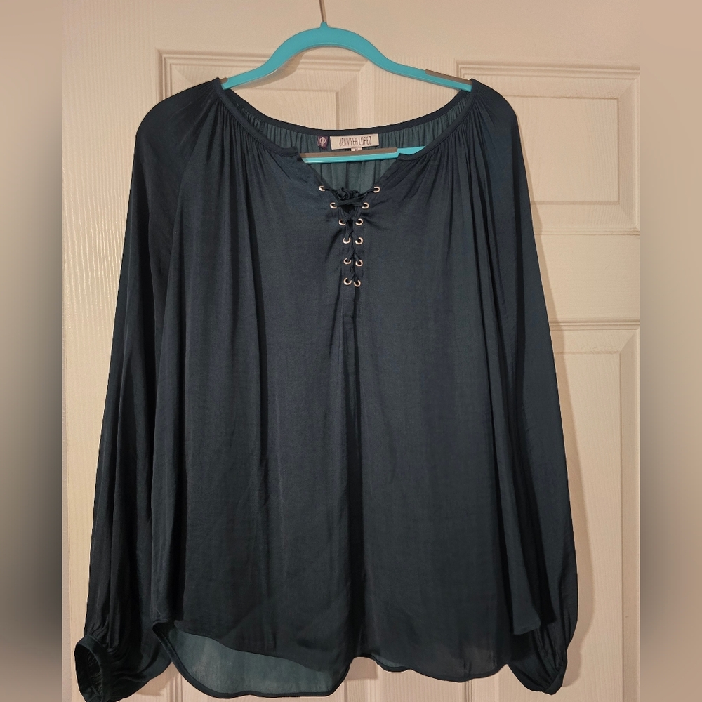 Jennifer Lopez Forest Green Blouse with Lace-Up Front